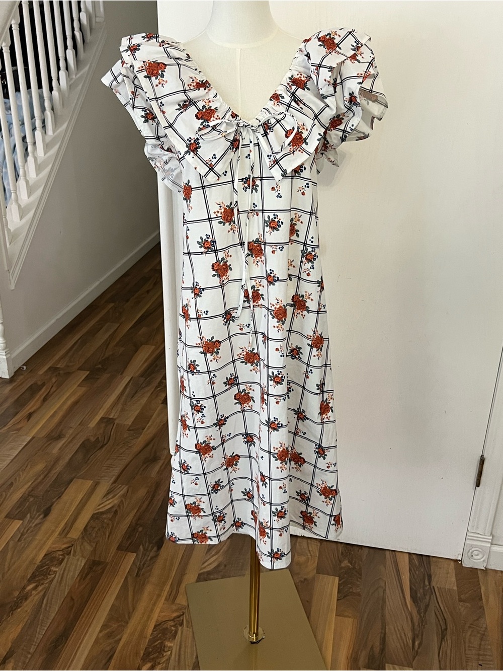 White Midi Hourglass Dress Orange & Rust Greens Floral Windowpane, S, Like New